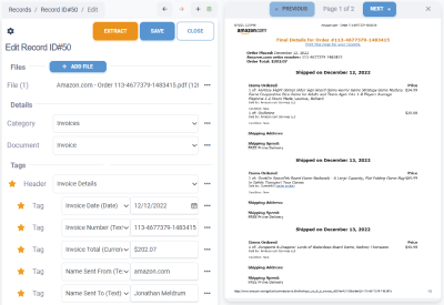 Screenshot of data entry and document preview interface